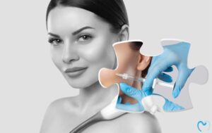 Woman receiving cosmetic injection, puzzle piece overlay.
